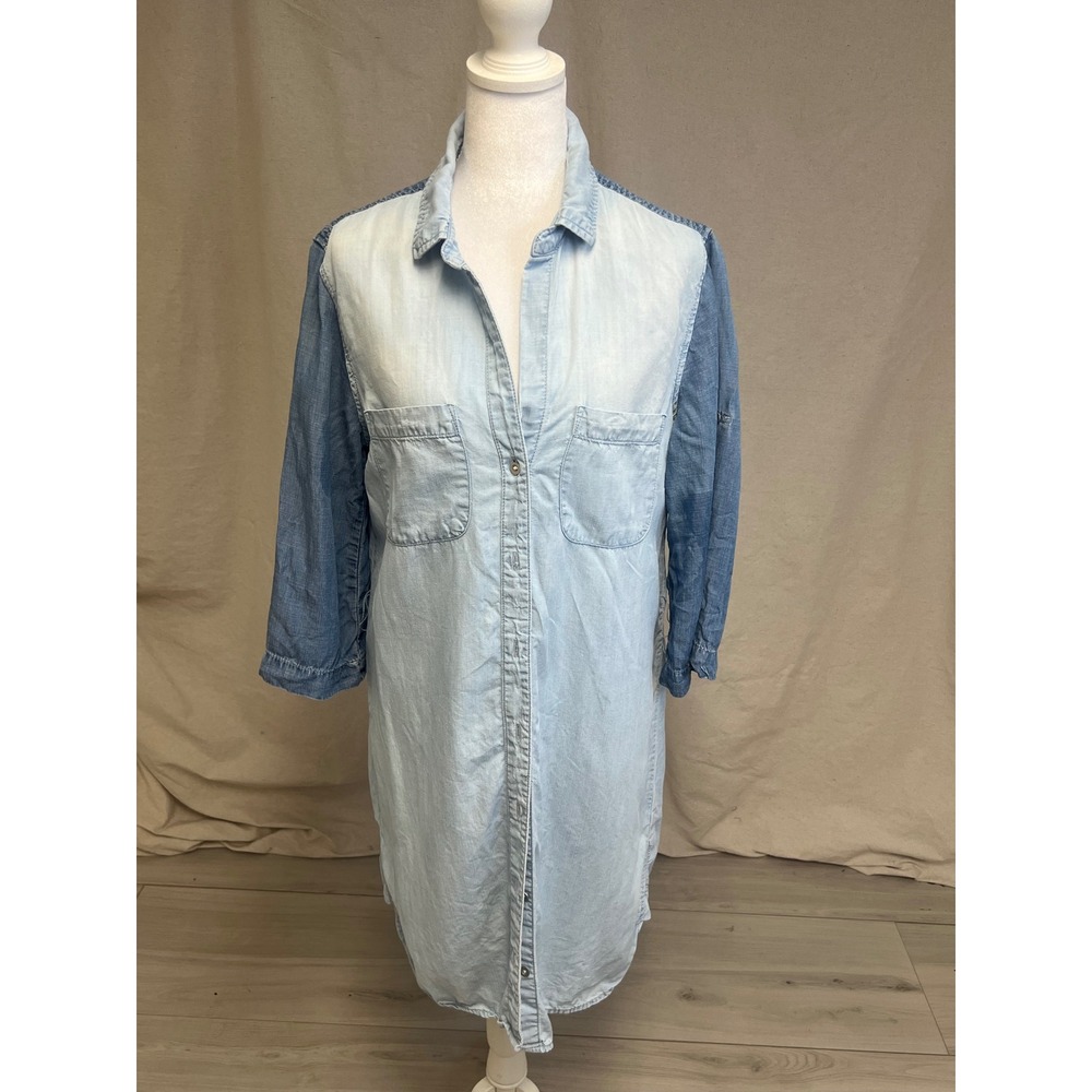 Anthropologie Cloth & Stone Denim Shirt Dress Sz M Two Tone‎ Tencel Western Boho